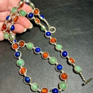 Beautifully Crafted Artesian Lapis Lazuli Carnelian Jade in Revolve Bezel Neckla
